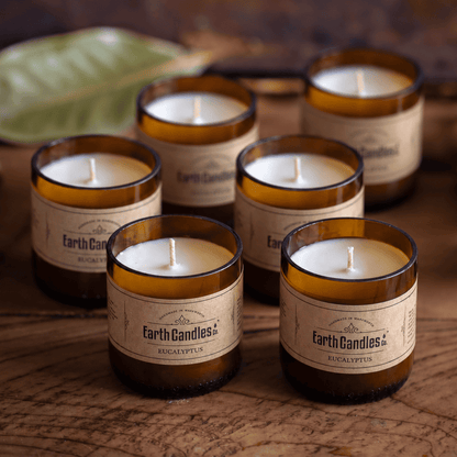 Six Eucalyptus soy tealights, unlit, grouped in their cut amber beer bottle bases